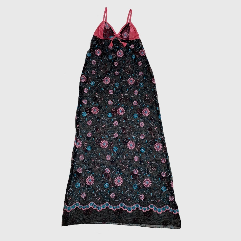 Whimsical Floral Embroidered Pink, Blue, & Black Mesh Maxi Slip Dress